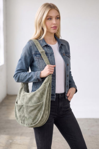 Faux Suede Hobo Bag With Dual Exterior Slip Pockets