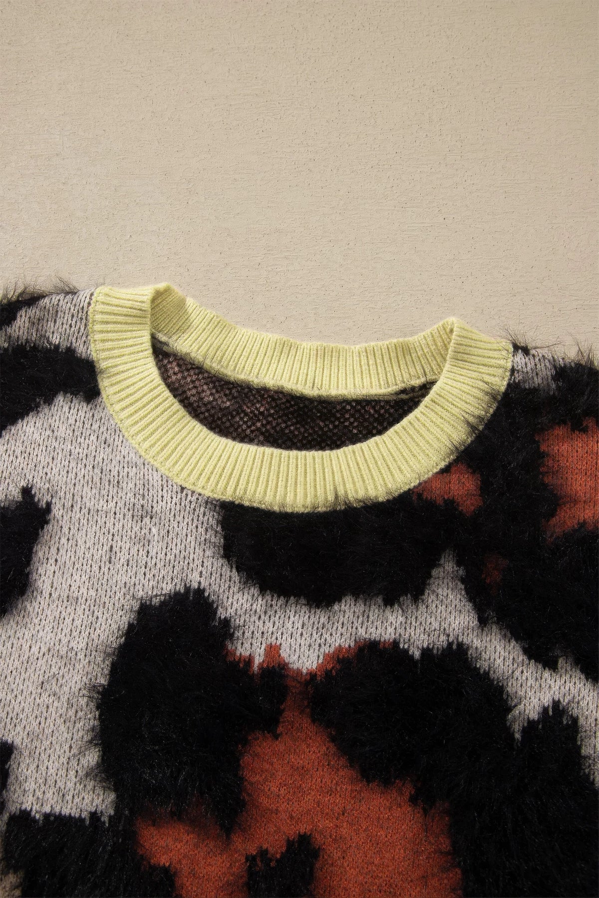 Leopard Colorblock Trim Drop Shoulder Fuzzy Sweater