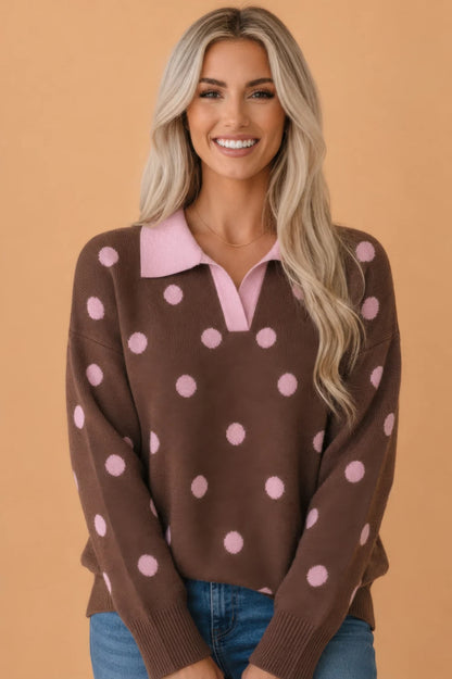 Polka Dot Colorblock Collared V-neck Sweater