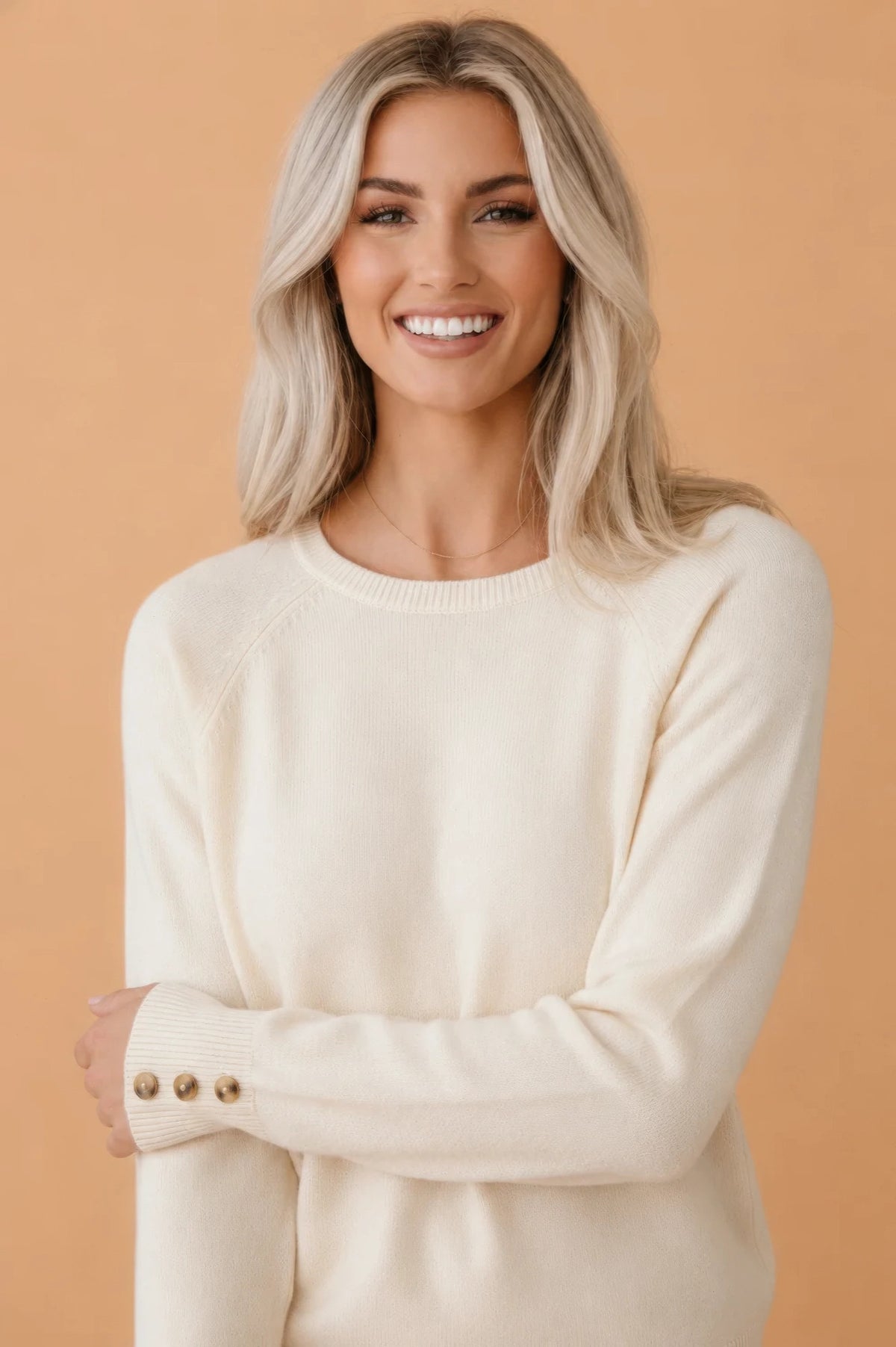 Solid Buttoned Bishop Long Sleeve Crew Neck Sweater