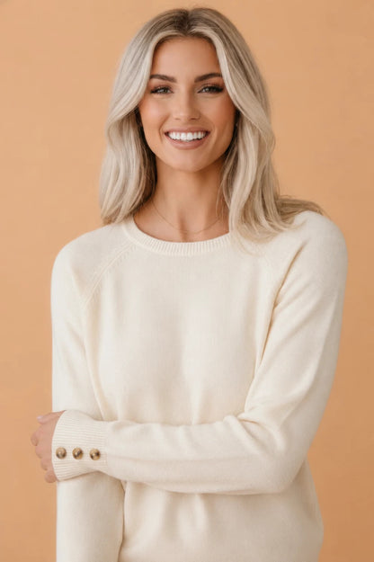 Solid Buttoned Bishop Long Sleeve Crew Neck Sweater