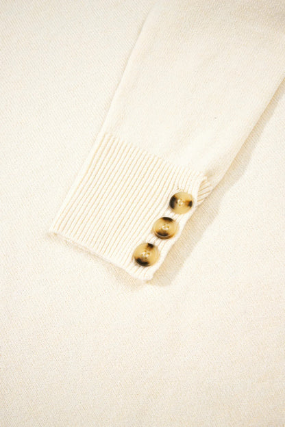 Solid Buttoned Bishop Long Sleeve Crew Neck Sweater