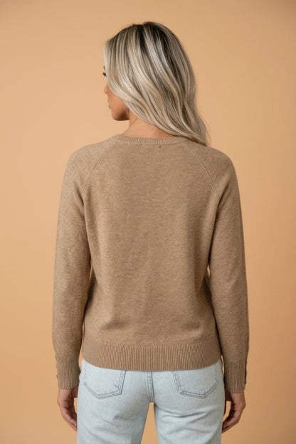 Solid Buttoned Bishop Long Sleeve Crew Neck Sweater
