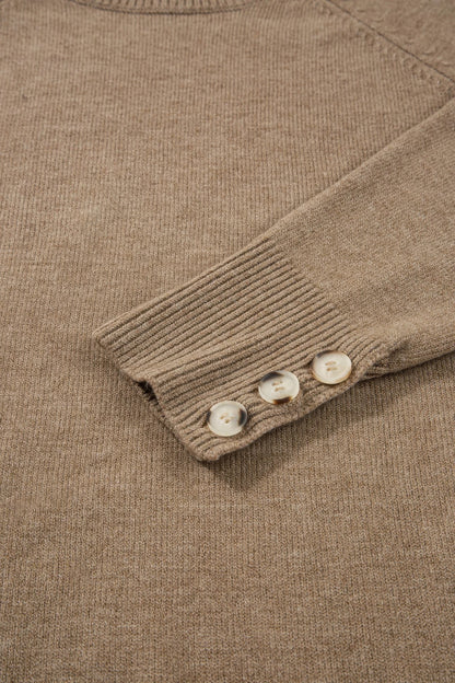 Solid Buttoned Bishop Long Sleeve Crew Neck Sweater