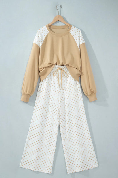 Polka Dot Patchwork Crop Sweatshirt & Pants Set