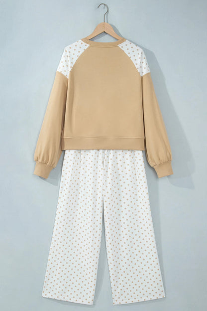 Polka Dot Patchwork Crop Sweatshirt & Pants Set