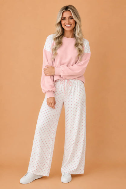 Polka Dot Patchwork Crop Sweatshirt & Pants Set