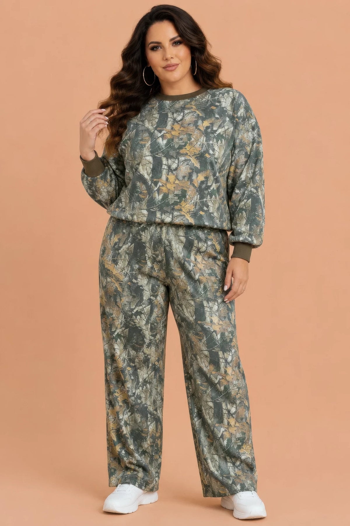 Plus Size Camo Long Sleeve Top & Pant Set