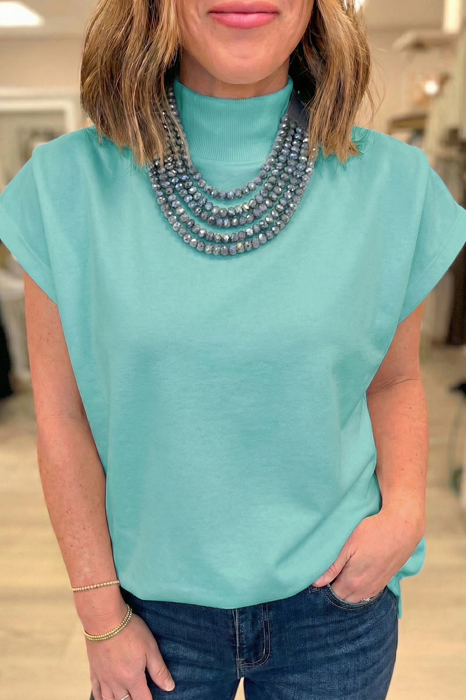 Mint Green Solid Color High Neck Cap Sleeve Loose Top