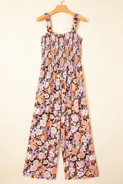 Black Floral Print Smocked High Waist Square Neck Jumpsuit