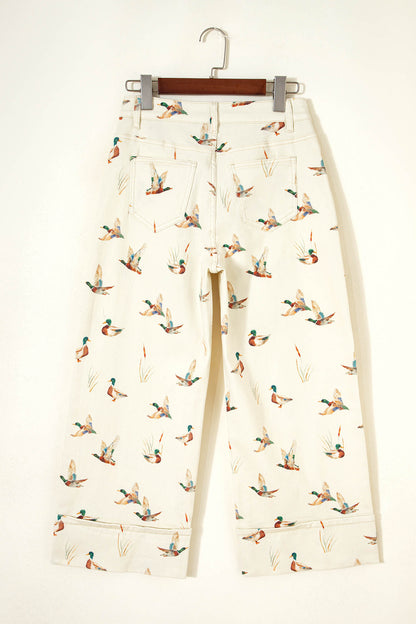Beige Stylish Mallard Printed Cuffed Hem Shift Jeans