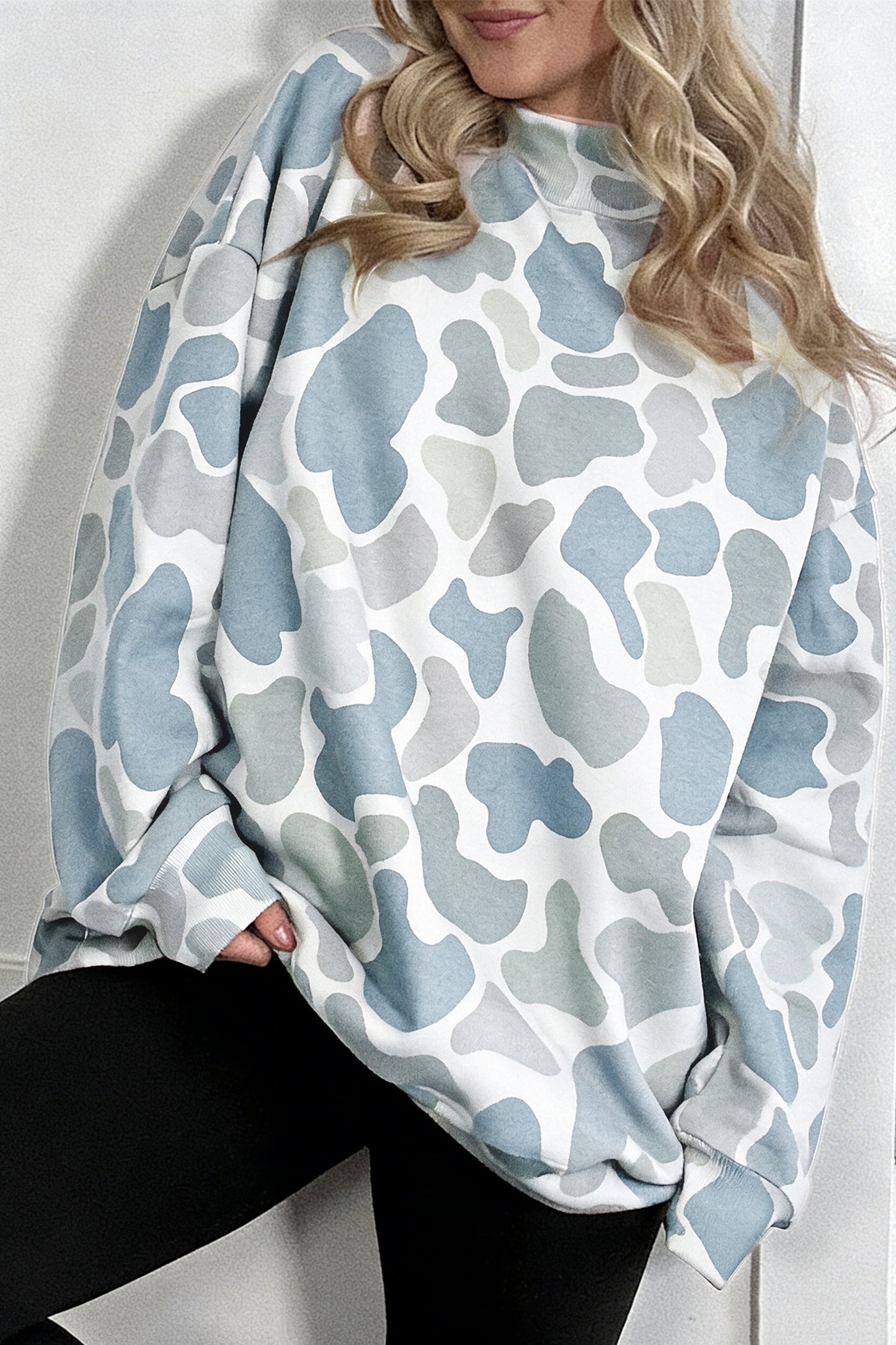 Sky Blue Camouflage Western Style Pullover Sweatshirt