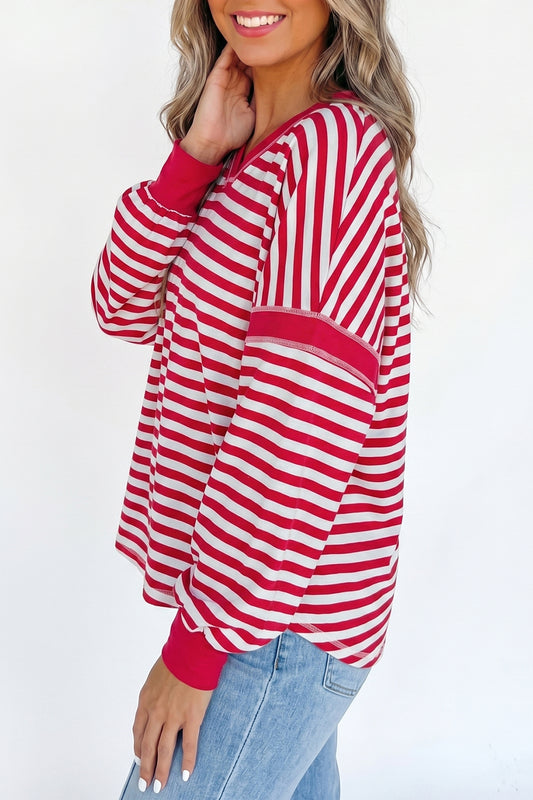 Red Stripe Exposed Seam V Neck Balloon Sleeve Pullover