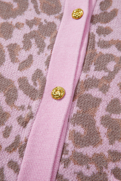 Pink Leopard Button Down Short Sleeve Sweater Cardigan