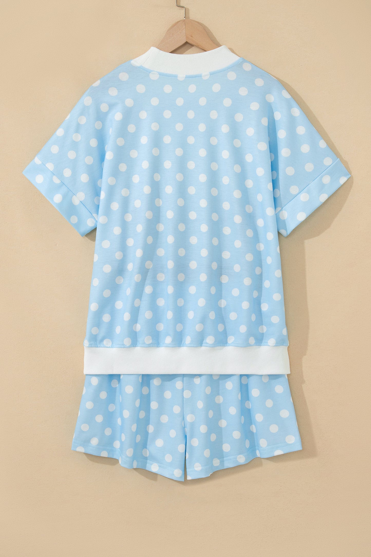 Green Polka Dot Print Color Block Trim Mock Neck Short Set