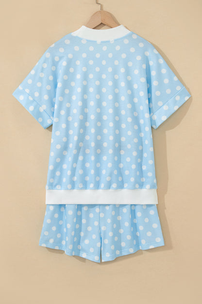 Green Polka Dot Print Color Block Trim Mock Neck Short Set