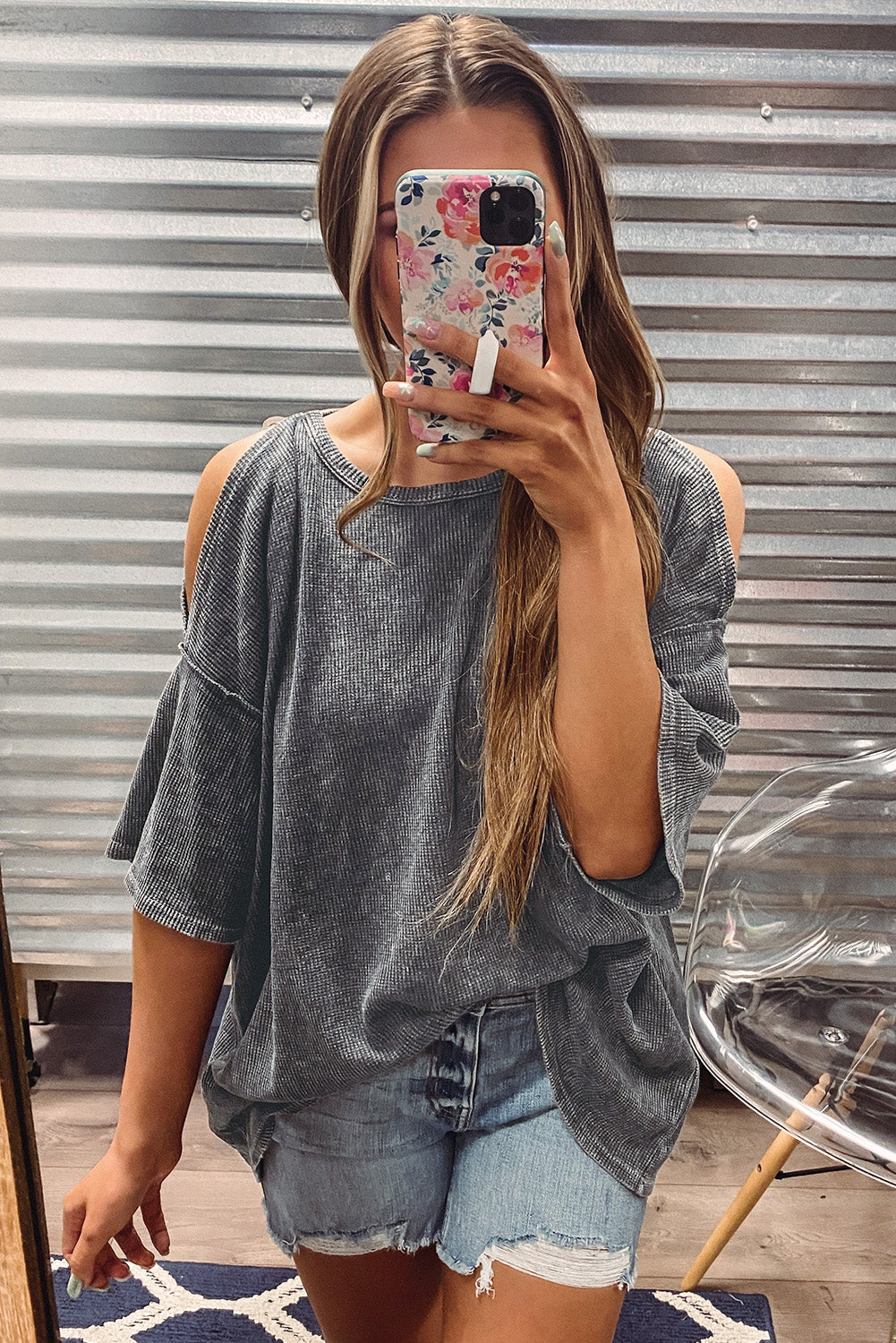 Haut ample texturé vintage à épaules dénudées 