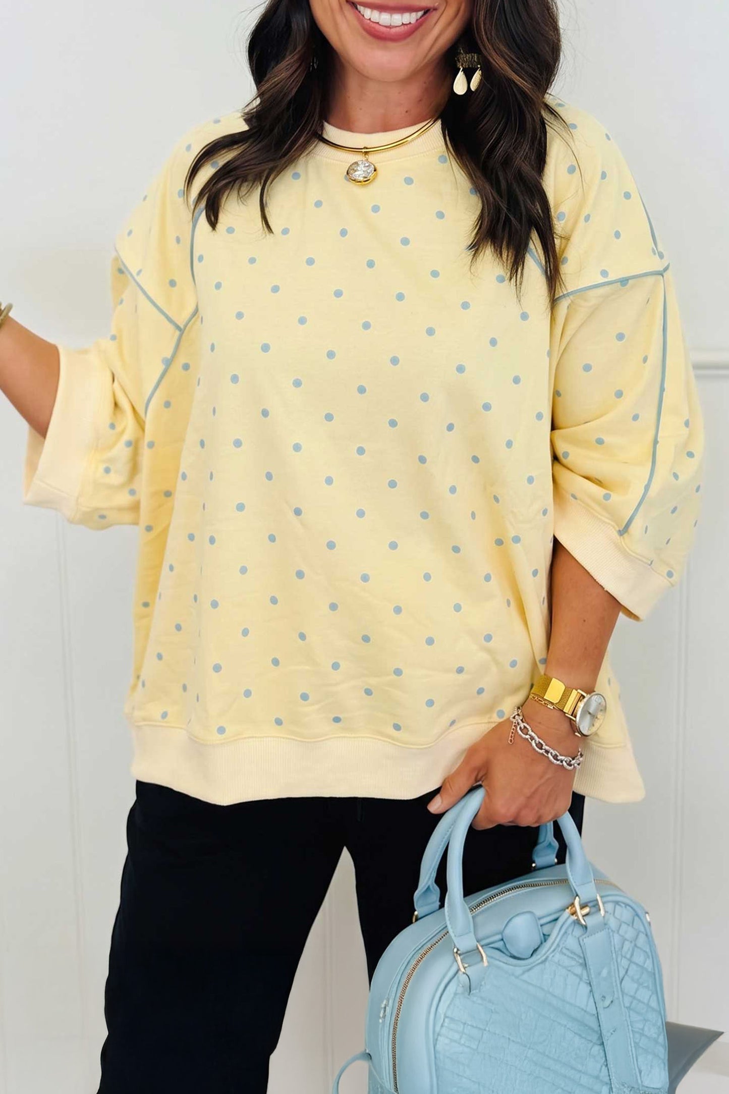 Yellow Polka Dot Print Piping Trim 3/4 Sleeve Relaxed Top