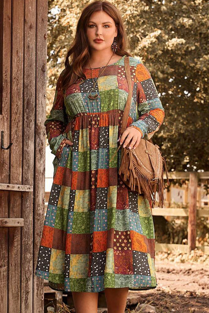 Robe trapèze grande taille à carreaux multicolores imprimés verts 