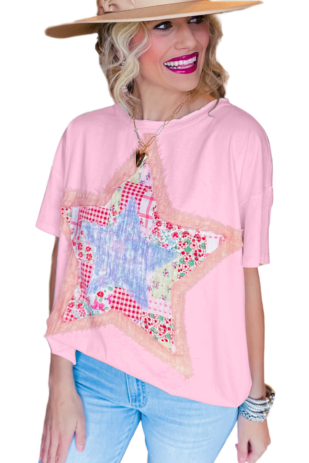 T-shirt ample patchwork étoiles roses