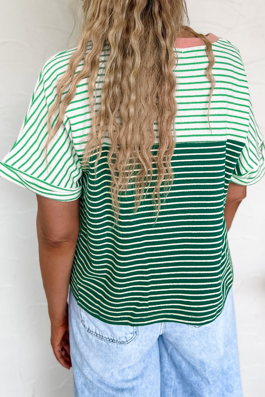 Green Stripe Contrast Print Color Block Detail Relaxed Tee