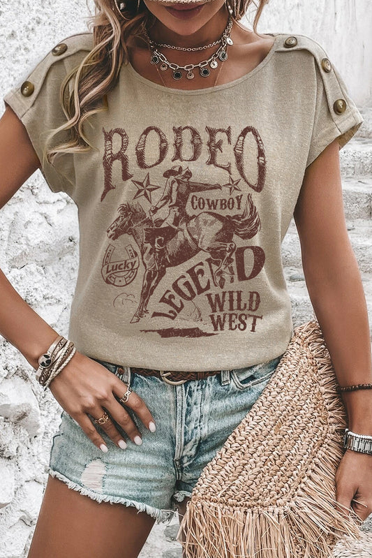 Smoke Gray RODEO Cowboy Graphic Buttoned Batwing Sleeve T Shirt