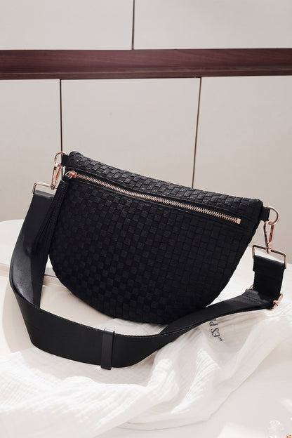 Color black Checkered Woven PU Leather Crossbody Bag Adjustable Strap Large Size