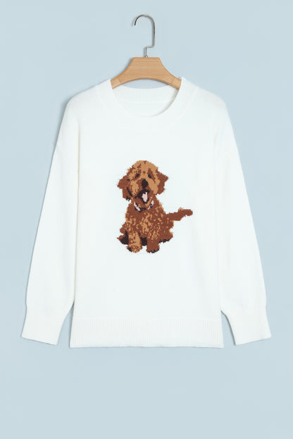 White Cozy Dog Print Dropped Shoulder Relaxed Sweater