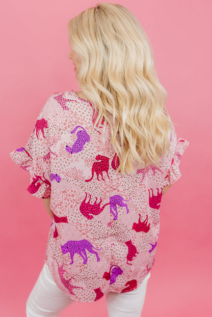 Top de manga corta con volantes y estampado de jaguar de talla grande