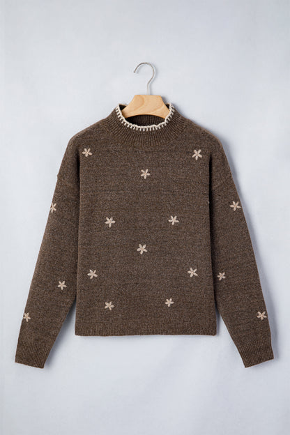 Chicory Coffee Floral Print High Neck Long Sleeve Sweater