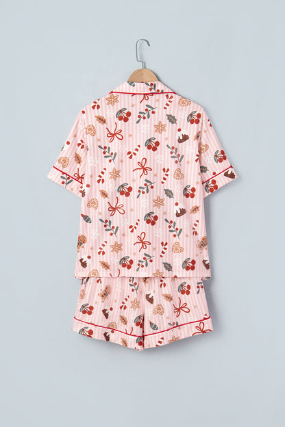 Pink Abstract Christmas Print Short Sleeve Two Piece Lounge Set
