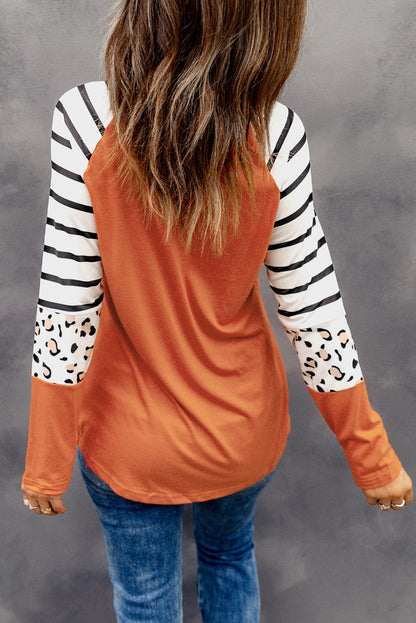 Black Striped Animal Print Colorblock Long Sleeve Top