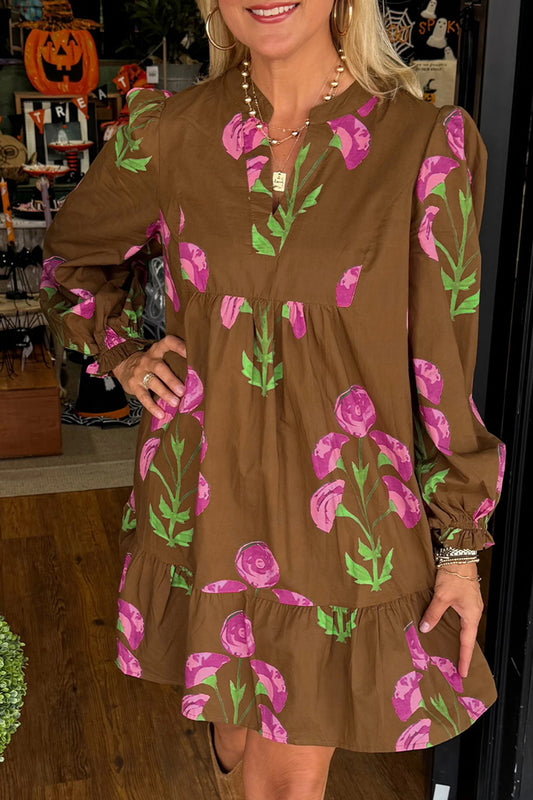  Brown Contrast Floral Print Babydoll Tunic Ruffled Hem Puff Sleeve Dress