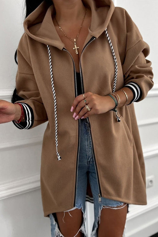 Dark Khaki Contrast Cuffed Drop Shoulder Zip up Tunic Hoodie