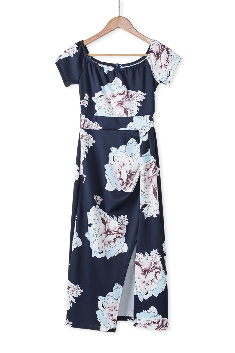 Robe mi-longue moulante fendue à épaules dénudées et imprimé floral bleu foncé