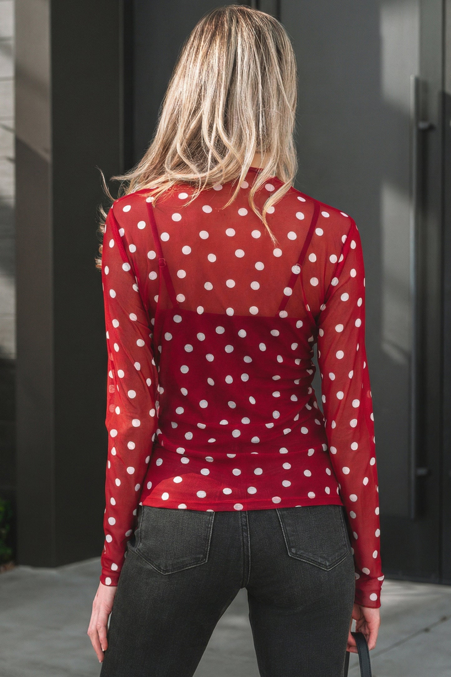 Red Polka Dot Patterned Bodycon Mock Neck Mesh Long Sleeve Top