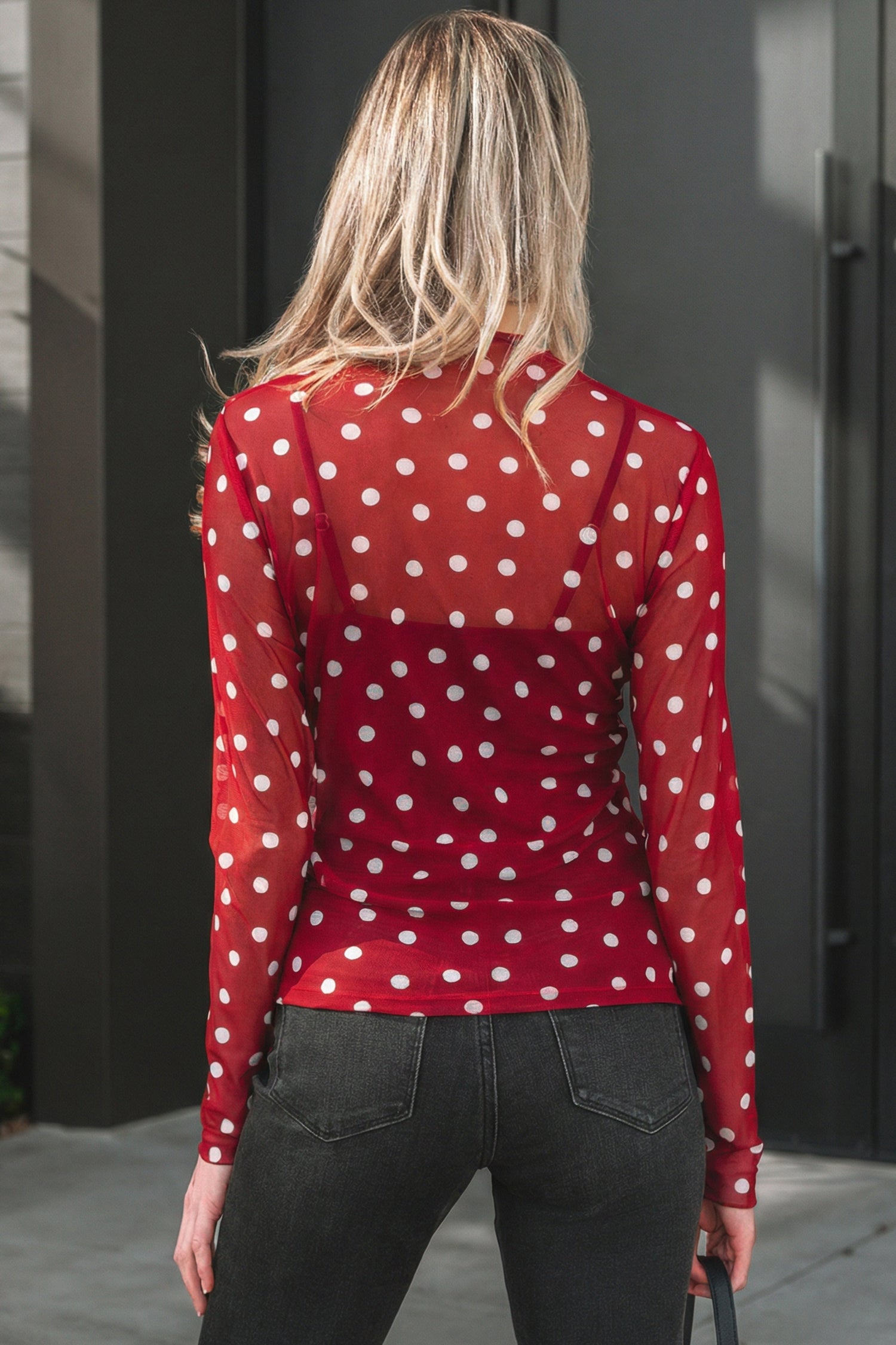 Red Polka Dot Patterned Bodycon Mock Neck Mesh Long Sleeve Top