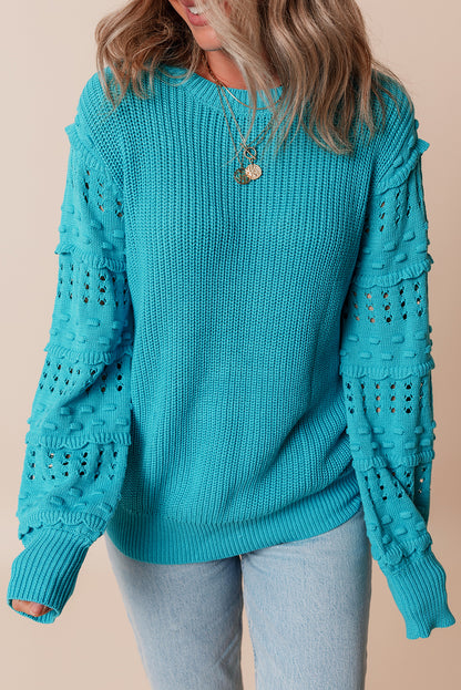 Pull turquoise à volants et manches bouffantes