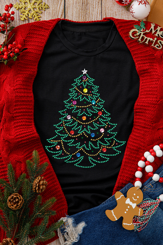 T-shirt graphique à col rond avec motif sapin de Noël en strass noir