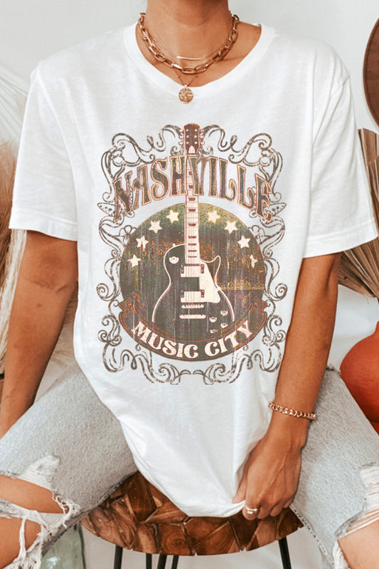 White Vintage Music City Guitar Print Crew Neck T Shirt