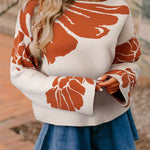 Beige Bold Flower Pattern Wide Sleeve Baggy Sweater