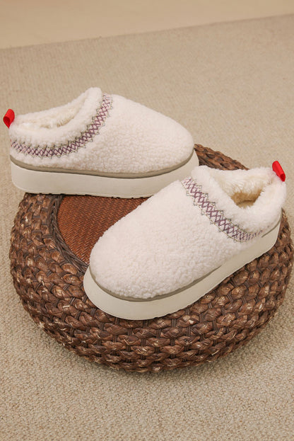 White Soft Plush Embroidered Detail Flat Platform Slippers