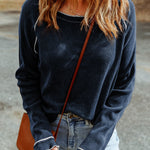 Blue Textured Round Neck Long Sleeve Top