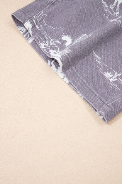 Gray Western Print Elastic Waist Cotton Denim Shorts