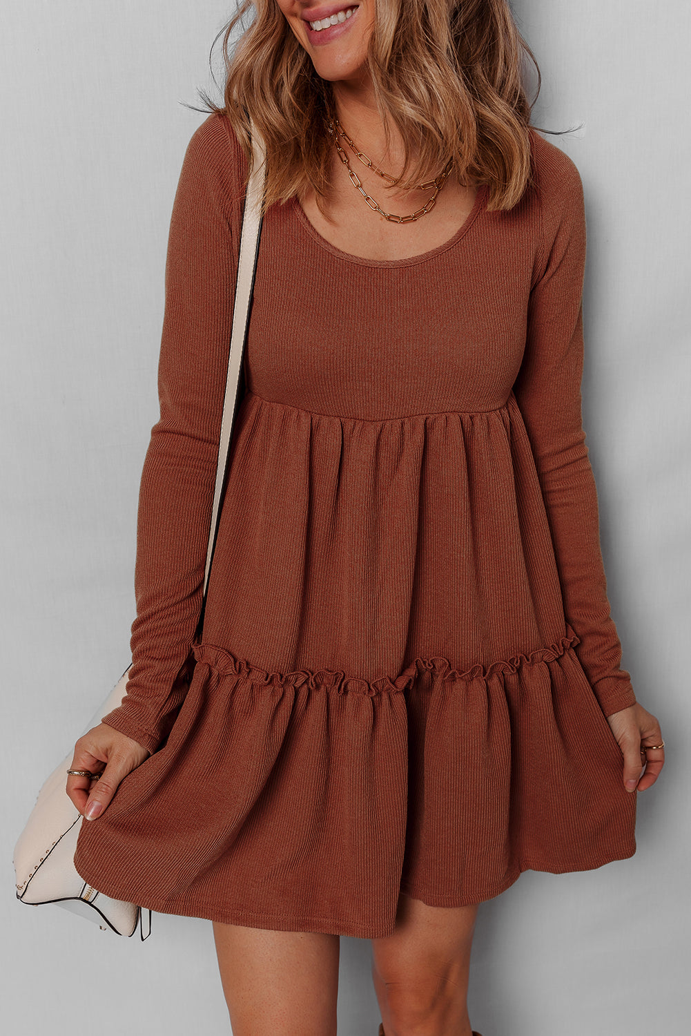 Straw Yellow Ribbed Frilled Trim High Waist Long Sleeve Mini Dress