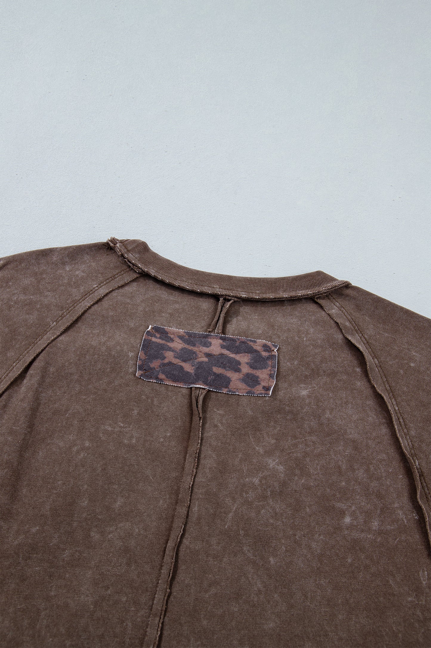 Coffee Mineral Wash Exposed Seam Leopard Star Patched T Shirt