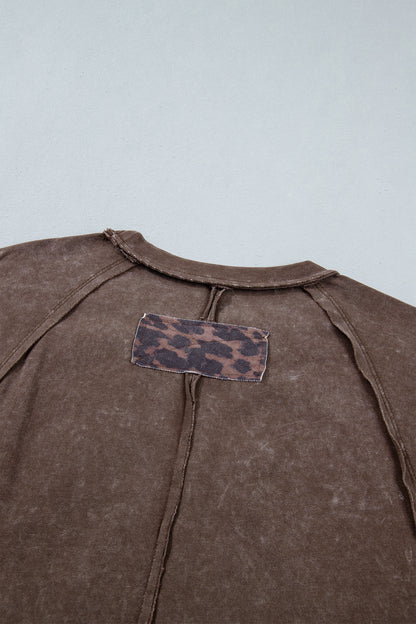 Coffee Mineral Wash Exposed Seam Leopard Star Patched T Shirt