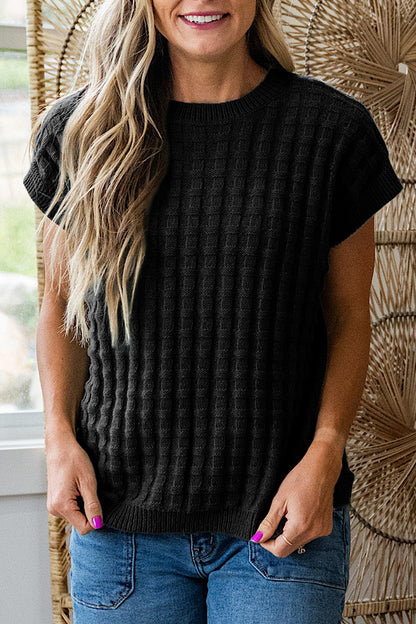 Black Solid Color Round Neck Textured Short Sleeve Sweater