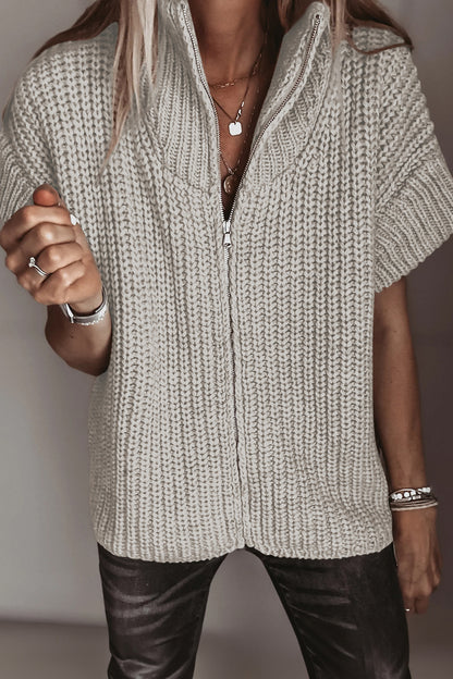 Jet Stream Solid Color Short Sleeve Zipper Knit High Neck Sweater