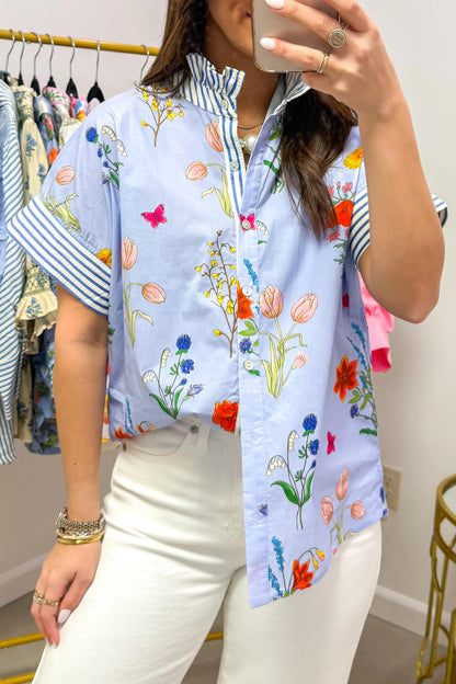 Beige Floral Striped Patchwork Ruffled Collar Short Sleeve Shirt